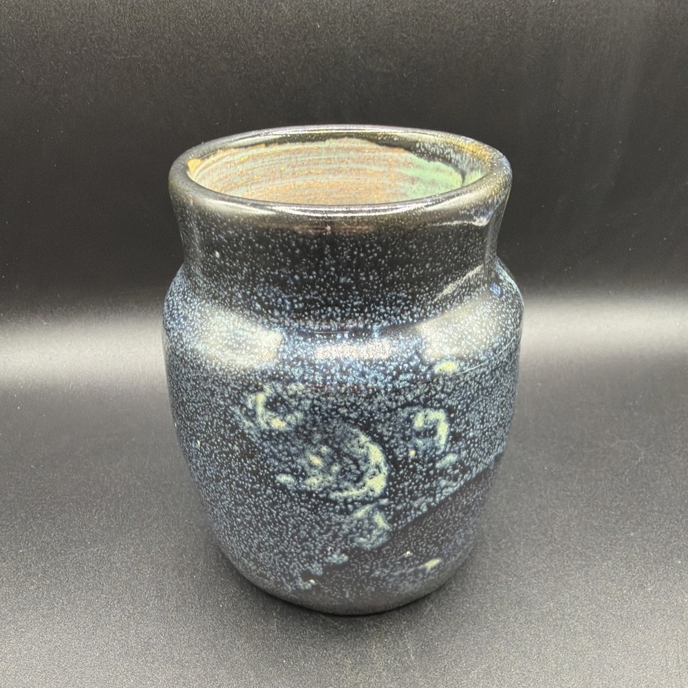 VTG Hand Thrown Studio Art Pottery Stoneware Vase Blue Glaze Signed 5 1/4 X 4"